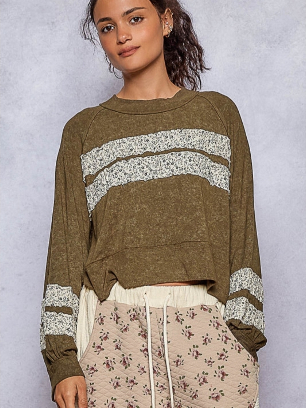 POL Olive Green Pullover Sweatshirt with Floral Stripe Trim